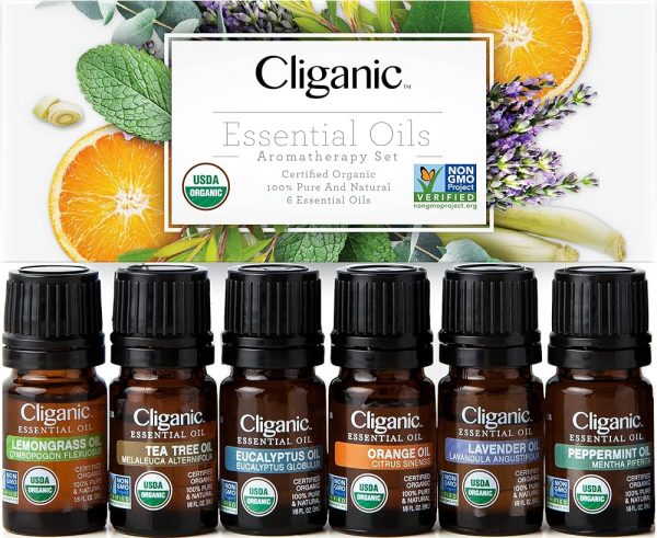 Cliganic USDA Organic Aromatherapy Essential Oils Set (Top 6), 100% Pure Natural - Peppermint, Lavender, Eucalyptus, Tea Tree, Lemongrass & Orange