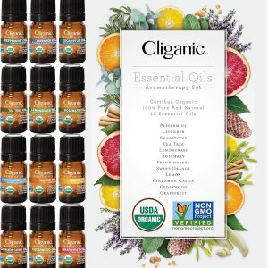 Cliganic USDA Organic Aromatherapy TOP 12 Essential Oils Set, 100% Pure - Peppermint, Lavender, Eucalyptus, Tea Tree, Lemongrass, Rosemary, Frankincense, Orange, Lemon, Cassia,...