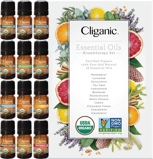 Cliganic USDA Organic Aromatherapy TOP 12 Essential Oils Set, 100% Pure - Peppermint, Lavender, Eucalyptus, Tea Tree, Lemongrass, Rosemary, Frankincense, Orange, Lemon, Cassia,...