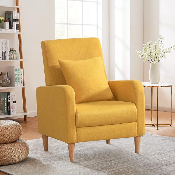 COLAMY Modern Upholstered Accent Chair Armchair with Pillow, Fabric Reading Living Room Side Chair,Single Sofa with Lounge Seat and Wood Legs, Yellow