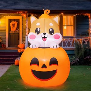 COMIN 5FT Halloween Inflatables Dog Lie on Pumpkin Blow Up Outdoor Yard Decorations with Built-in LEDs for Garden Lawn Decor