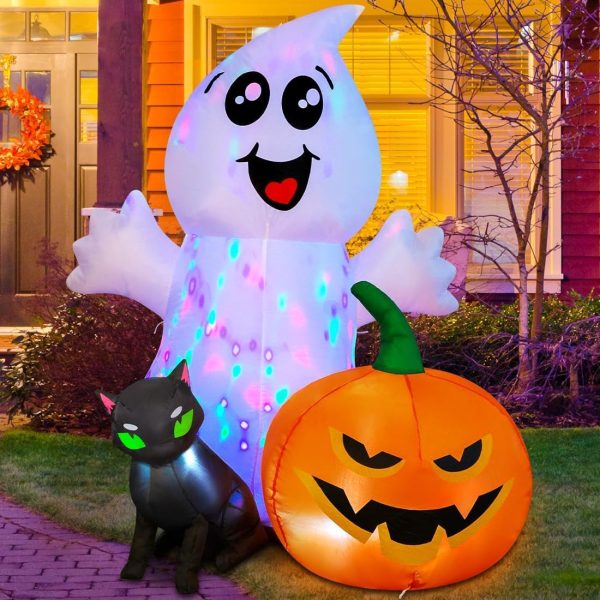 COMIN Halloween Inflatable 5FT Ghost with Black Cat and Pumpkin, Built-in LEDs Blow Up Yard Decoration for Party Outdoor Yard Garden Lawn