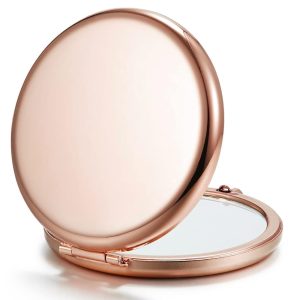 Compact Mirror for Purse, Double-Sided 1X/2X Magnifying Metal Pocket Makeup Mirrors(Round, Rose Gold)