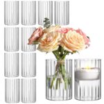 ComSaf Glass Cylinder Vases Pack of 12, Clear Ribbed Bud Vases for Centerpieces Weeding Decoration, 6 inch Tall Clear Flower Vases in Bulk, Hurricane Candle Holder for Party...