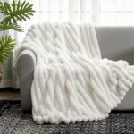 Cozy Bliss Faux Fur Throw Blanket for Couch, Cozy Warm Plush Striped Blanket for Sofa Bedroom Living Room, 50 * 60 Inches Cream White