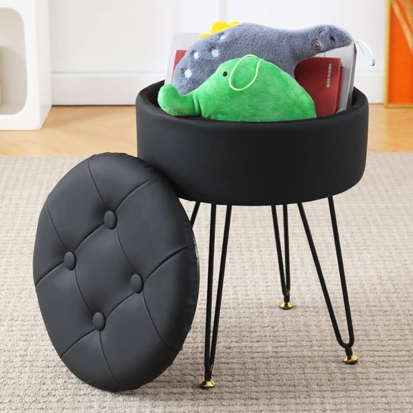 Cpintltr Faux Leather Storage Ottoman Round Footrest Stool Multifunctional Upholstered Ottoman with Metal Legs Modern Vanity Stools Tray Top Coffee Table Suitable for Living...