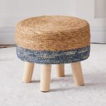 Cpintltr Foot Stool Natural Seagrass Hand Weave Poufs Round Ottoman for Couch Desk Soft Step Stool Padded Foot Rest with Non-Skid Pine Legs for Hallway Office Lounge Natural/Blue