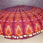 CRAFT KALA 32 Inch Meditation Floor Pillows Round Pillow Seating Hippie Decorative Bohemian Mandala Floor Cushion Outdoor Yoga Living Room Throw Ottoman Poufs Cover (Maroon Mirchi)