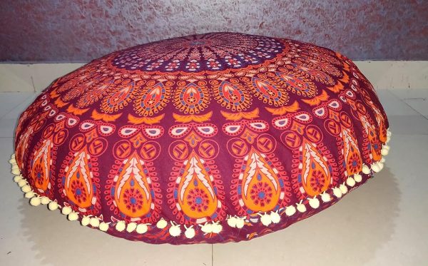 CRAFT KALA 32 Inch Meditation Floor Pillows Round Pillow Seating Hippie Decorative Bohemian Mandala Floor Cushion Outdoor Yoga Living Room Throw Ottoman Poufs Cover (Maroon Mirchi)