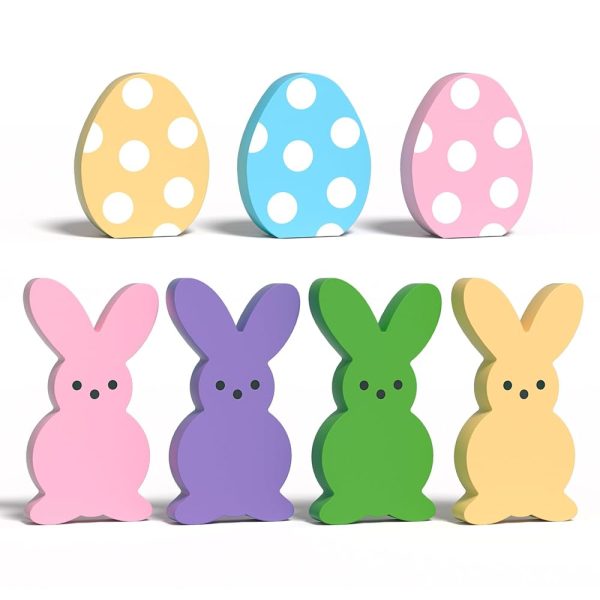 CRCZK Easter Decorations 7PCS Wood Bunny Peeps Easter Eggs Tiered Tray Decor - Easter Shelf Sitter - Easter Decor for the Home - Spring Wooden Signs Decor