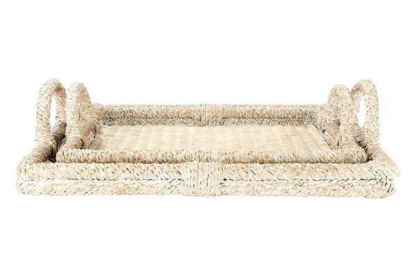 Creative Co-Op Decorative Rattan Trays with Handles & Whitewashed Finish (Set of 2 Sizes), White