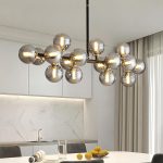 CROSSIO 16 Lights Mid Century Modern Chandelier Black Linear Chandelier Light Fixture Glass Globe Sputnik Pendant Light for Dining Room Kitchen Farmhouse (Smoke Gray Lampshade)