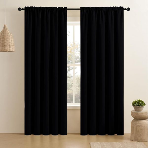 CUCRAF Black Blackout Curtains 84 inch Length 2 Panels Set, Rod Pocket Room Darkening Drapes for Bedroom Living Room, Insulated Thermal Light Blocking Window Curtain (W52 x L84...