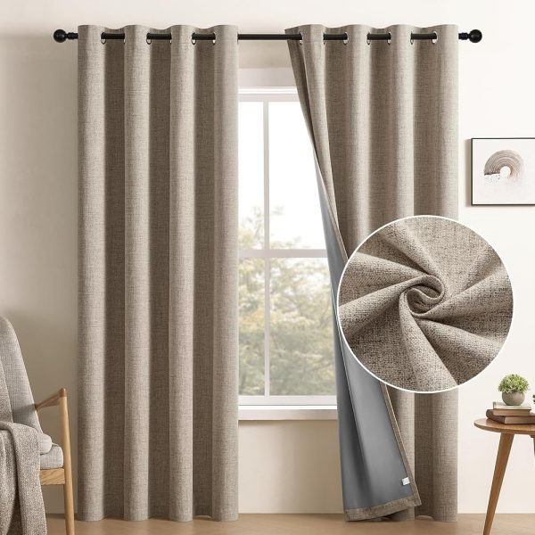 CUCRAF Full Blackout Window Curtains 84 inches Long,Faux Linen Look Thermal Insulated Grommet Drapes Panels for Bedroom Living Room,Set of 2(52 x 84 inches, Light Khaki)