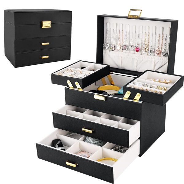 Dajasan Jewelry Boxes for Women Girls, Jewelry Holder Organizer Box, 4 Layers Large Jewelry Storage Organizer for Earring, Ring, Necklace, Bracelets (Black)