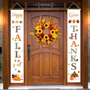 DAZONGE Fall Decor | Happy Fall & Give Thanks Porch Banners for Fall Decorations Indoor and Outdoor | Fall Welcome Sign for Home Porch Front Door Decor