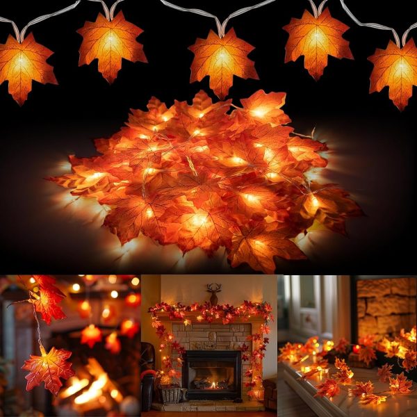 Dazzle Bright 2 Pack Thanksgiving Maple Leaf String Lights, Total 20FT 40 LED Battery Operated Lighted Fall Leaves Garland, Thanksgiving Decorations for Indoor Outdoor Autumn...