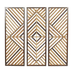 Deco 79 Wood Geometric Home Wall Decor Slatted Wood Design Wall Sculpture, Set of 3 Wall Art 12"W, 35"H, Brown