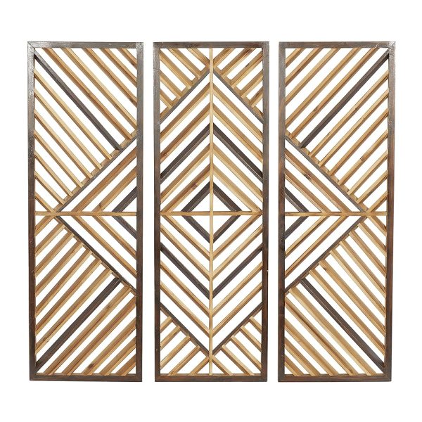 Deco 79 Wood Geometric Home Wall Decor Slatted Wood Design Wall Sculpture, Set of 3 Wall Art 12"W, 35"H, Brown