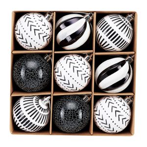 DecorbyHannah Christmas Ornaments, Black White Christmas Tree Decorations, 9ct 60mm Shatterproof Hanging Boho Theme Christmas Ball Ornaments for Tree, Home Indoor Party Decor