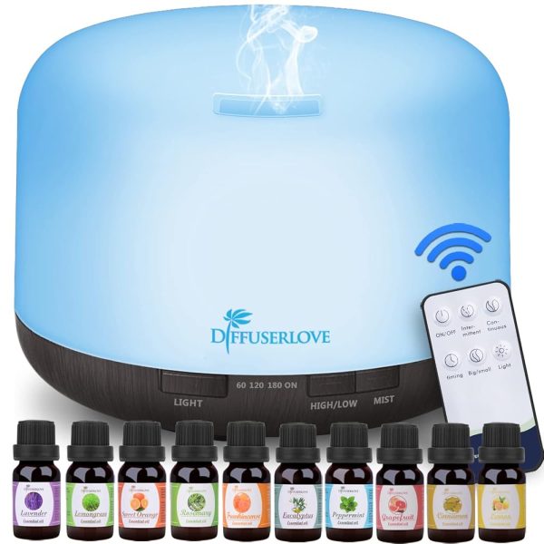 Diffuserlove Essential Oil Diffuser 500ML Aromatherapy Diffuser Mist Humidifiers 7 Color LED Lights Diffusers for Home Office Bedroom (Size:6.7" L x 6.7" W x 4.7" H)