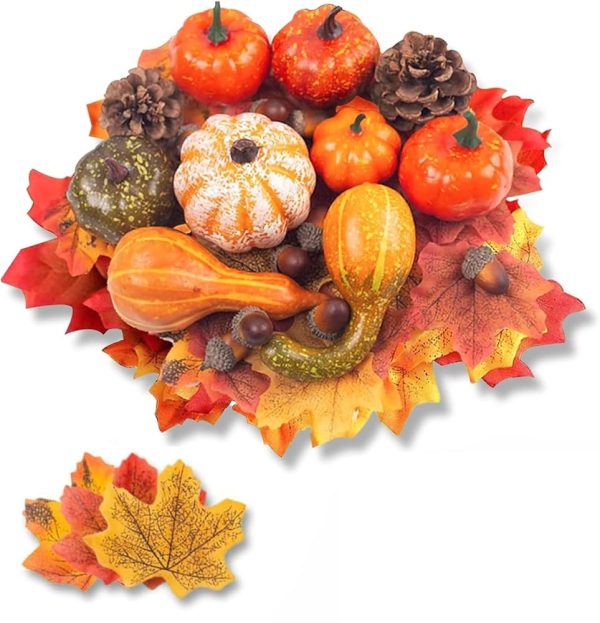 DomeStar 50 PCS Thanksgiving Artificial Pumpkins and Gourds Set Fall Decorations for Home, 8 PCS Fake Pumpkins, 12 PCS Pinecones and Acorns, 30 PCS Fake Maple Leaves Fall...