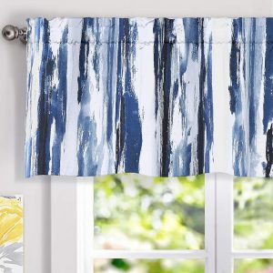 DriftAway Paint Brush Watercolor Lined Thermal Insulated Blackout Window Curtain Valance Rod Pocket Navy Blue White Ink Stripe Pattern 2 Layers 52 Inch by 18 Inch Plus 2 Inch...