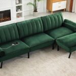 DURASPACE Velvet Sectional Convertible Sofa with Chaise, 106.5" L Shape Sectional Sofa Couch with USB, Split Back Folding Futon Couch for Living Room (Green)