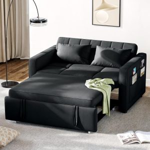 DWVO 55" Convertible Sofa Bed, 3-in-1 Sleeper Sofa with Pull-Out Bed, Velvet Futon Couch with Adjustable Backrest and Side Pocket, Modern Loveseat for Living Room Apartment, Black