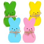 Easter Décor, 4 Pcs Bunny Table Decorations Wooden Spring Signs for Home, Wood Rabbit Tiered Tray/Mantal Décor for Farmhouse or Office Party Supplies