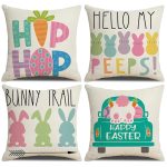 Easter Decor-Throw Pillow Covers 18x18in Set of 4,Spring Linen Pillow Case with Bunny and Egg for Large Couch Sofa Home Indoor Outdoor Holiday Home Decorations