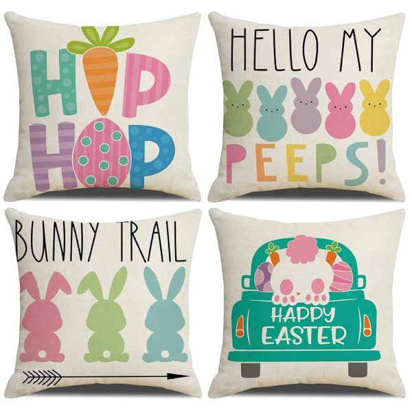 Easter Decor-Throw Pillow Covers 18x18in Set of 4,Spring Linen Pillow Case with Bunny and Egg for Large Couch Sofa Home Indoor Outdoor Holiday Home Decorations