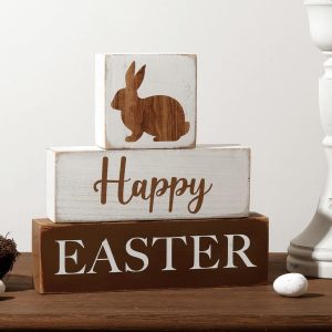 Easter Decorations for The Home: 3 pcs Rustic Wood Bunny and Block Table Centerpiece Signs White, Farmhouse Outdoor Bunny Easter Decor Tiered Tray Decor, Vintage Happy Easter...