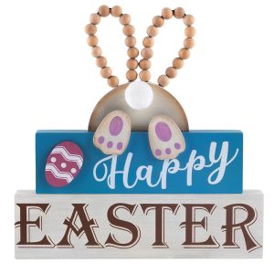 Easter Decorations - Happy Easter Decor Wooden Bunny Sign Block with Egg and Wooden Beads for Table, Mantel, Tiered Tray and Home