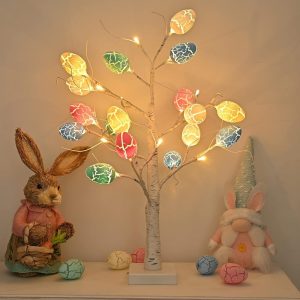 Easter Decorations kemooie 24 inch Pre-lit White Birch Tree with 24pcs Easter Egg Ornaments, 24 Led Lights Battery Operated Table Centerpiece for Party Birthday Home Spring...