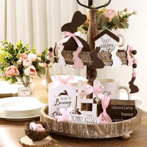 Easter Tiered Tray Decor, 8pcs Chocolate Pink Easter Bunny Wooden Table Signs Set, Happy Easter Decor Wood Sign Rustic Farmhouse Easter Gifts Decorations for the Home (Tray Not...