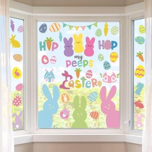 Easter Window Clings Bunny Decorations - 9 Sheet Reusable Static Peeps Window Stickers Decor - Easter Bunny Eggs Double-Side Decals for Spring Easter Home Decorations Party...