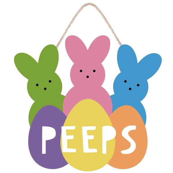 Easter Wreath, Welcome Peeps Easter Door Decorations, Cute Bunny Wood Easter Wall Decor Home Window Farmhouse Door Sign Front Door