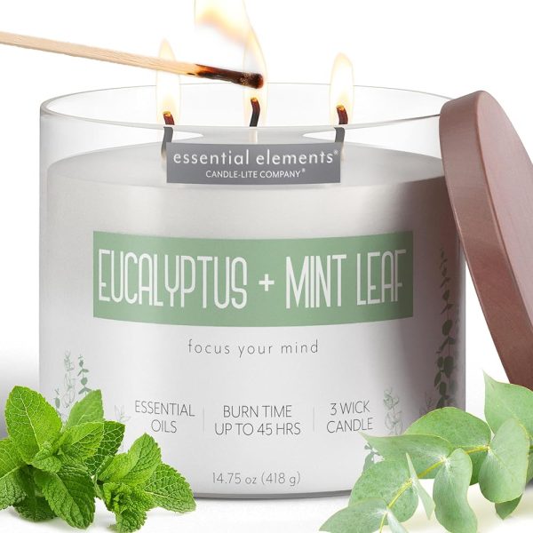 Essential Elements by Candle-lite Scented Candles, Eucalyptus & Mint Leaf Fragrance, One 14.75 oz. Three-Wick Aromatherapy Candle with 45 Hours of Burn Time, Off-White Color