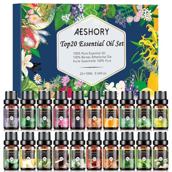 Essential Oils Set, 20x10ml Aromatherapy Essential Oil Kit for Diffuser, Humidifier, Massage, Skin & Hair Care - Lavender, Eucalyptus, Tea Tree, Sweet Orange, Lemongrass and...