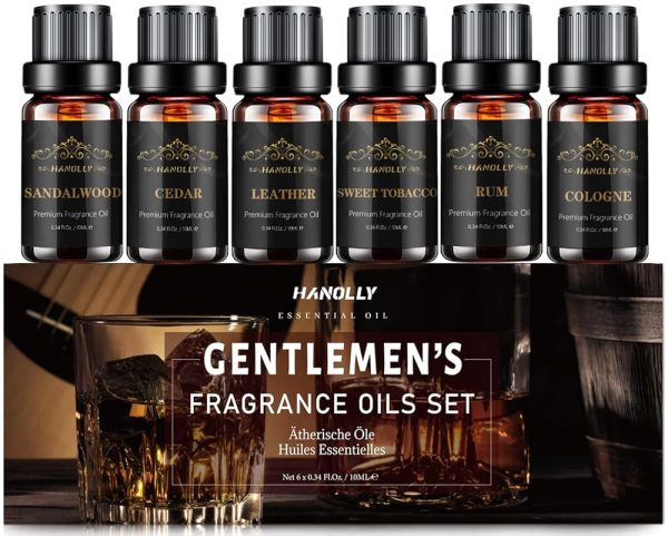 Essential Oils Set, Men Scents Fragrance Oil Aromatherapy Essential Oils Kit for Diffuser (6x10ML) - Sandalwood, Cedar, Leather, Sweet Tobacco, Rum, Cologne Aromatherapy Oils...