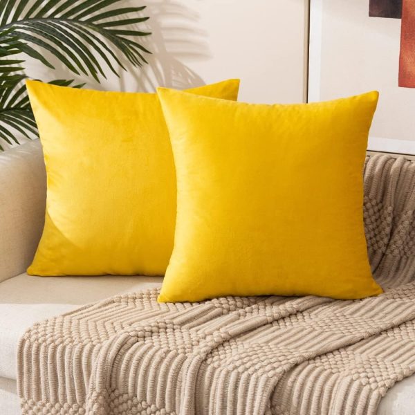 ETASOP Velvet Pillow Covers with Inserts Included 18x18, Pack of 2 Soft Solid Decorative Throw Pillows for Sofa Bedroom Car (Yellow)