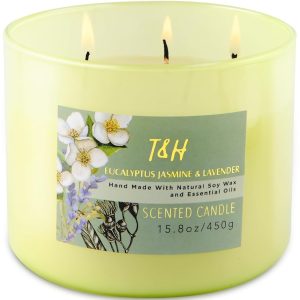 Eucalyptus Jasmine Lavender Candle | 3 Wick Highly Scented Candle for Home | Refreshing Summer & Fall Candle | Aromatherapy Stress Relief Candle 15.8 oz, Natural Soy Lavender...