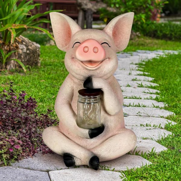 Exhart Garden Sculpture, Pig Solar Garden Statue with Glass Jar, 8 LED Firefly Lights, Outdoor Garden Decoration, 7 x 7.5 x 10.5 Inch