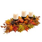 Fall Centerpiece Table Decorations, 27.5'' L Assorted Artificial Pumpkins, Berries, Maple Leaves and Pine Cones, Harvest Table Candle Holder for Dinning Table, Fireplace Mantel...