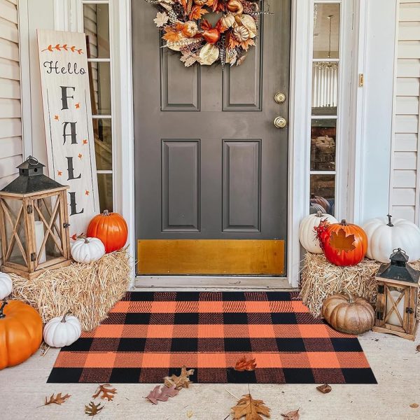 Fall Outdoor Orange and Black Plaid Rug - 28 x 43 Inches Cotton Hand-Woven Checked Rug Layered Doormats for Front Door Porch Farmhouse Entryway Patio Halloween…