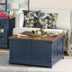 Farmhouse Coffee Table with Hidden Storage Organizer, Modern Square Large Center Table, Wood Farm House Low Navy Blue Living Room Tables with Hinged Lift Top for Home, Office