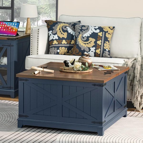 Farmhouse Coffee Table with Hidden Storage Organizer, Modern Square Large Center Table, Wood Farm House Low Navy Blue Living Room Tables with Hinged Lift Top for Home, Office