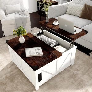 Farmhouse Lift Top Coffee Table with Storage, Wood Square Center Table with Charging Station&USB Ports, Living Room Central Table w/Large Hidden Space, for Living Room, Bedroom,...