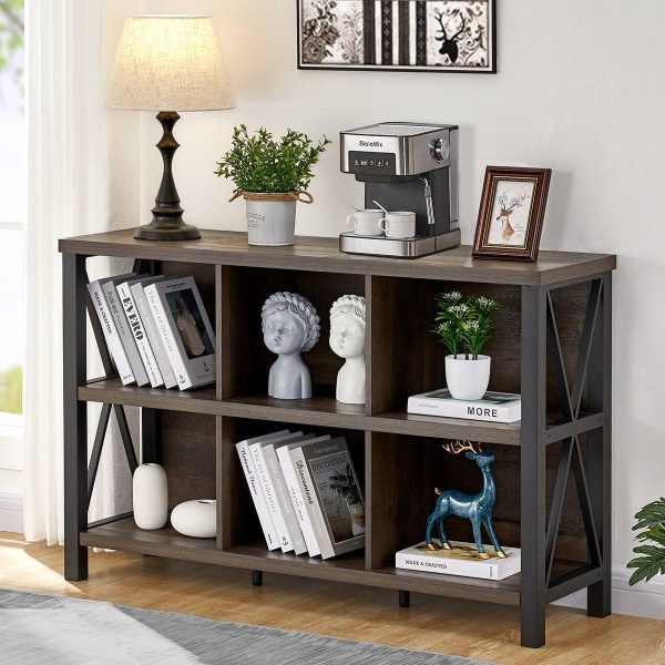 FATORRI Rustic 6 Cube Storage Organizer with Shelf, Wood and Metal Cubby Bookcase, Industrial Horizontal Bookshelf (Walnut Brown, 47 Inch)